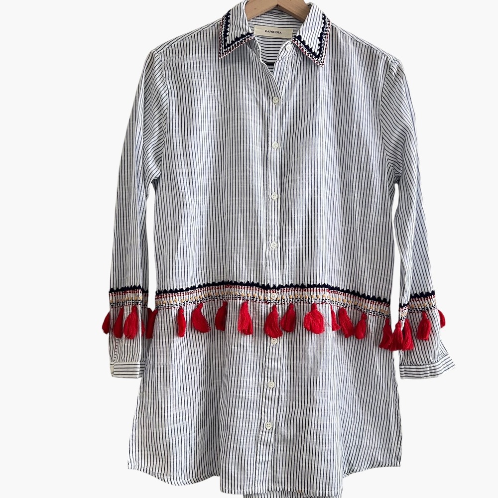 Rapsodia Striped Cotton Tunic Blouse Tassel Beaded Button-Down Top Size Small